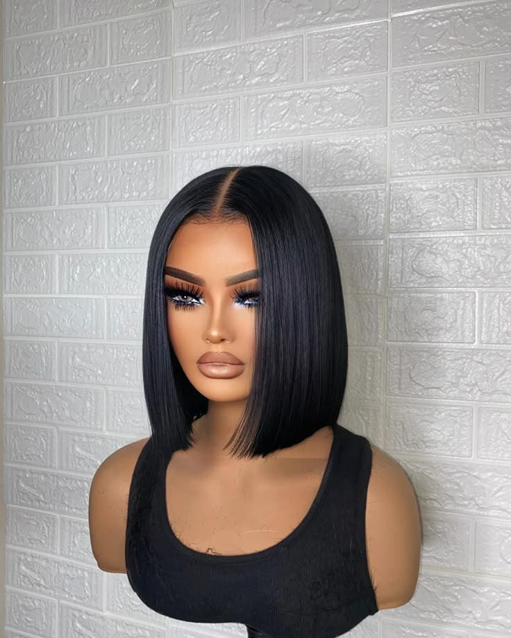 12" Straight Black bob human hair wig. 13*4 lace frontal. Glue less