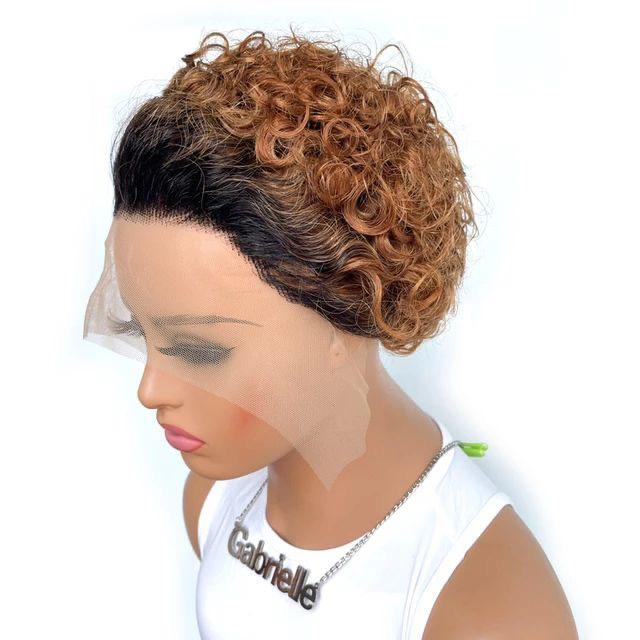 13*4 frontal Color 1/27 pixie curly human hair wig