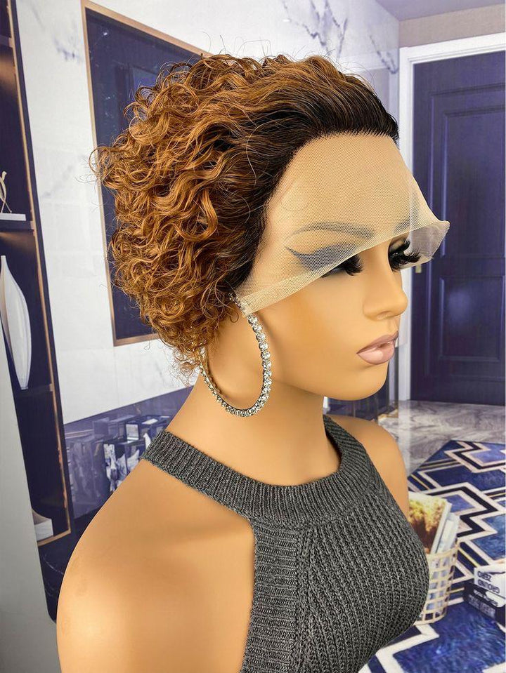 13*4 frontal Color 1/27 pixie curly human hair wig