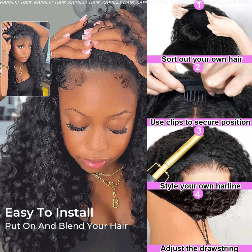 Half Wig Human Hair Kinky Curly Glueless Wig Human Hair Ready to Wear 3 IN 1 Half Wig With Drawstring 250 Density Curly Half Wig