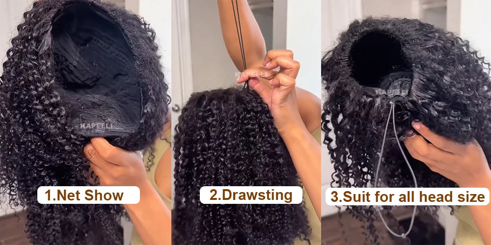 Half Wig Human Hair Kinky Curly Glueless Wig Human Hair Ready to Wear 3 IN 1 Half Wig With Drawstring 250 Density Curly Half Wig