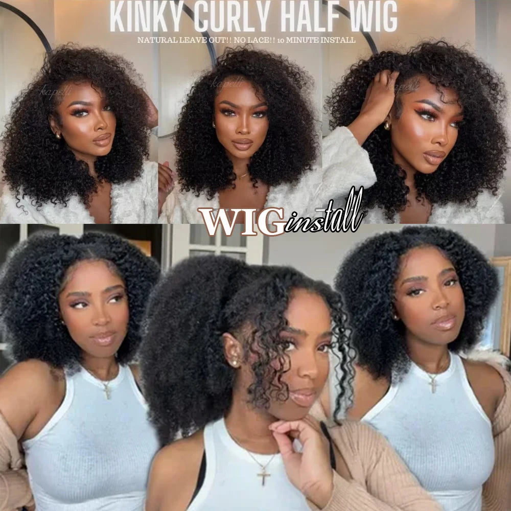 Half Wig Human Hair Kinky Curly Glueless Wig Human Hair Ready to Wear 3 IN 1 Half Wig With Drawstring 250 Density Curly Half Wig