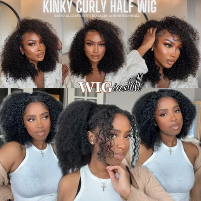 Half Wig Human Hair Kinky Curly Glueless Wig Human Hair Ready to Wear 3 IN 1 Half Wig With Drawstring 250 Density Curly Half Wig