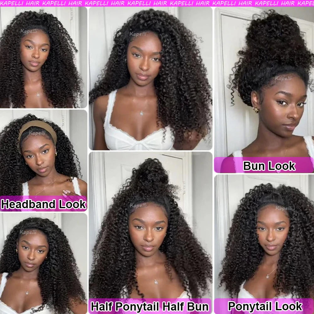 Half Wig Human Hair Kinky Curly Glueless Wig Human Hair Ready to Wear 3 IN 1 Half Wig With Drawstring 250 Density Curly Half Wig