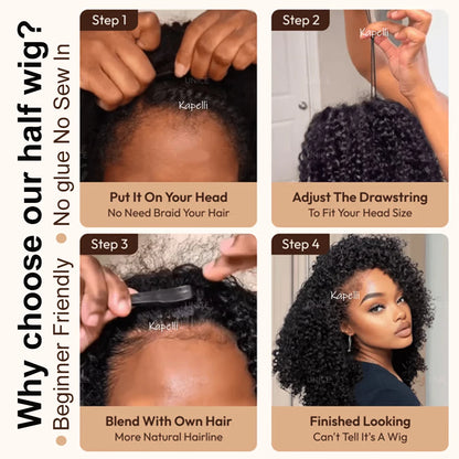 Half Wig Human Hair Kinky Curly Glueless Wig Human Hair Ready to Wear 3 IN 1 Half Wig With Drawstring 250 Density Curly Half Wig