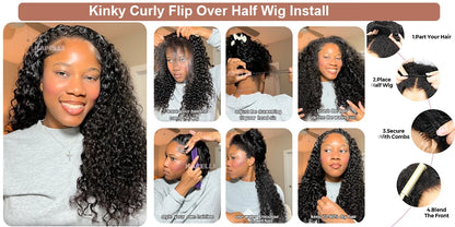 Half Wig Human Hair Kinky Curly Glueless Wig Human Hair Ready to Wear 3 IN 1 Half Wig With Drawstring 250 Density Curly Half Wig