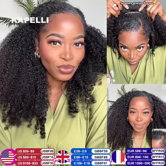 Half Wig Human Hair Kinky Curly Glueless Wig Human Hair Ready to Wear 3 IN 1 Half Wig With Drawstring 250 Density Curly Half Wig