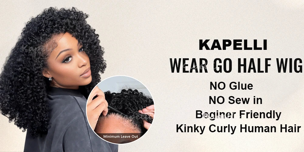 Half Wig Human Hair Kinky Curly Glueless Wig Human Hair Ready to Wear 3 IN 1 Half Wig With Drawstring 250 Density Curly Half Wig