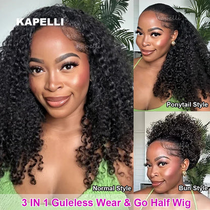 Half Wig Human Hair Kinky Curly Glueless Wig Human Hair Ready to Wear 3 IN 1 Half Wig With Drawstring 250 Density Curly Half Wig