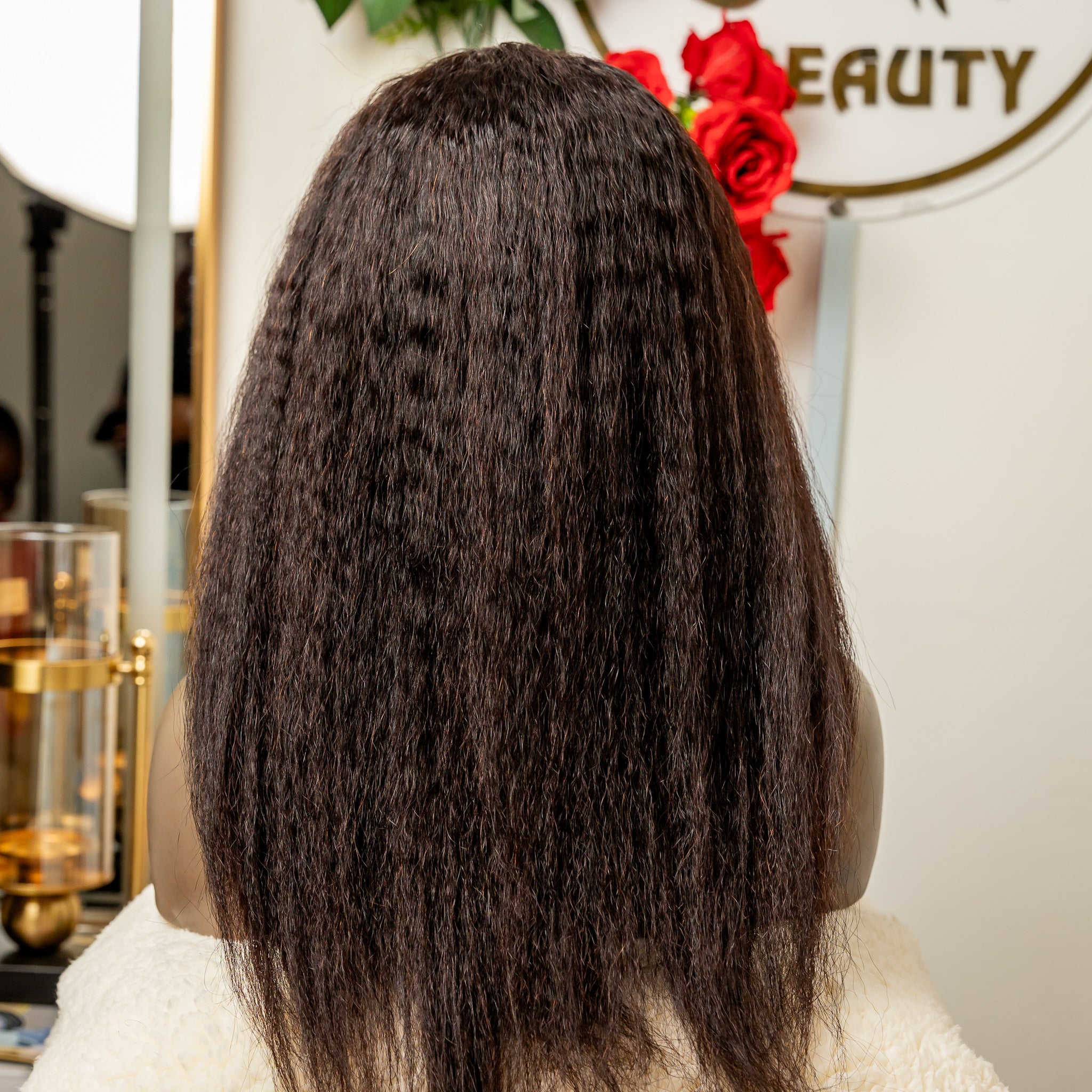 16 inch U-part Kinky Straight human hair wig.