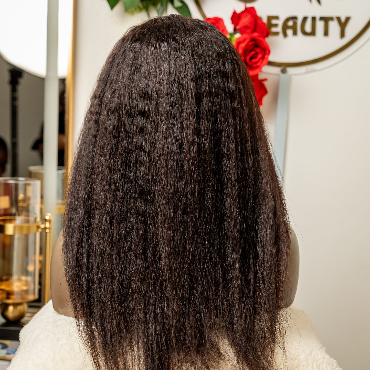 16 inch U-part Kinky Straight human hair wig.